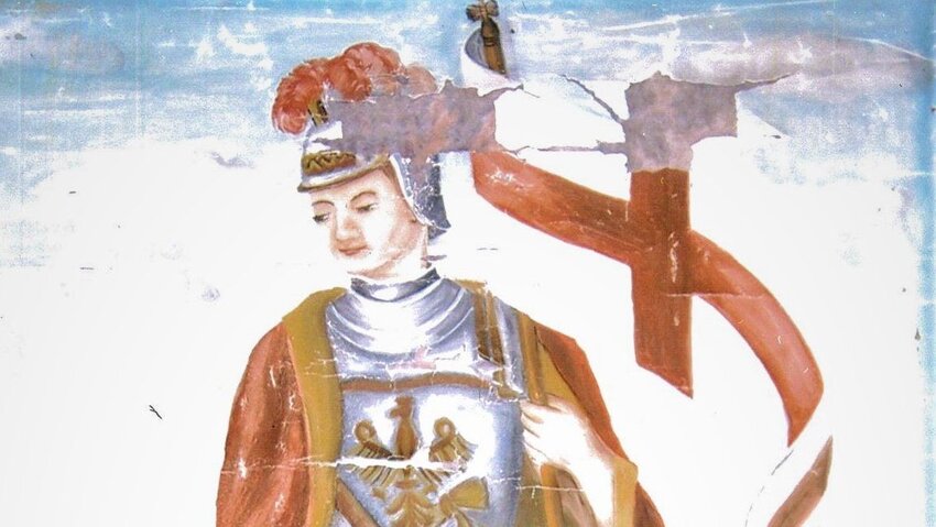 Powiększ: Zdjęcie obrazu z wizerunkiem św. Floriana, znajdującego się w strażnicy w Pielgrzymowicach